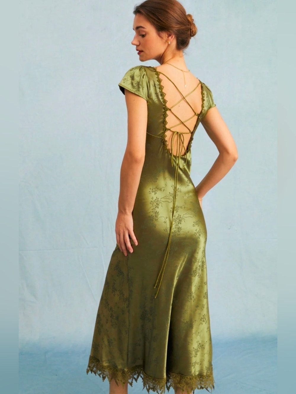 RIHOAS Olive Green Satin Maxi Dress with Lace Trim - Picture 2 of 9